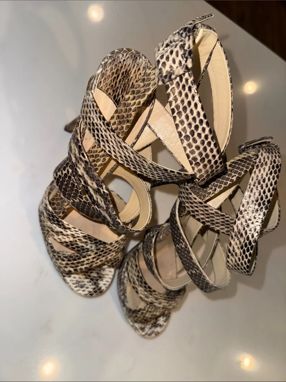 Jimmy Choo Black and Beige Snake-Print Strappy Heels